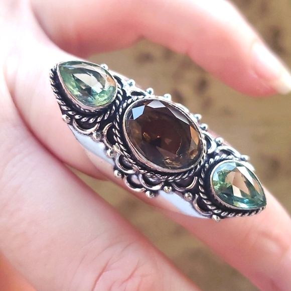 New Smoky Topaz & Tsavorite 925 Silver Statement Ring. - Picture 1 of 16
